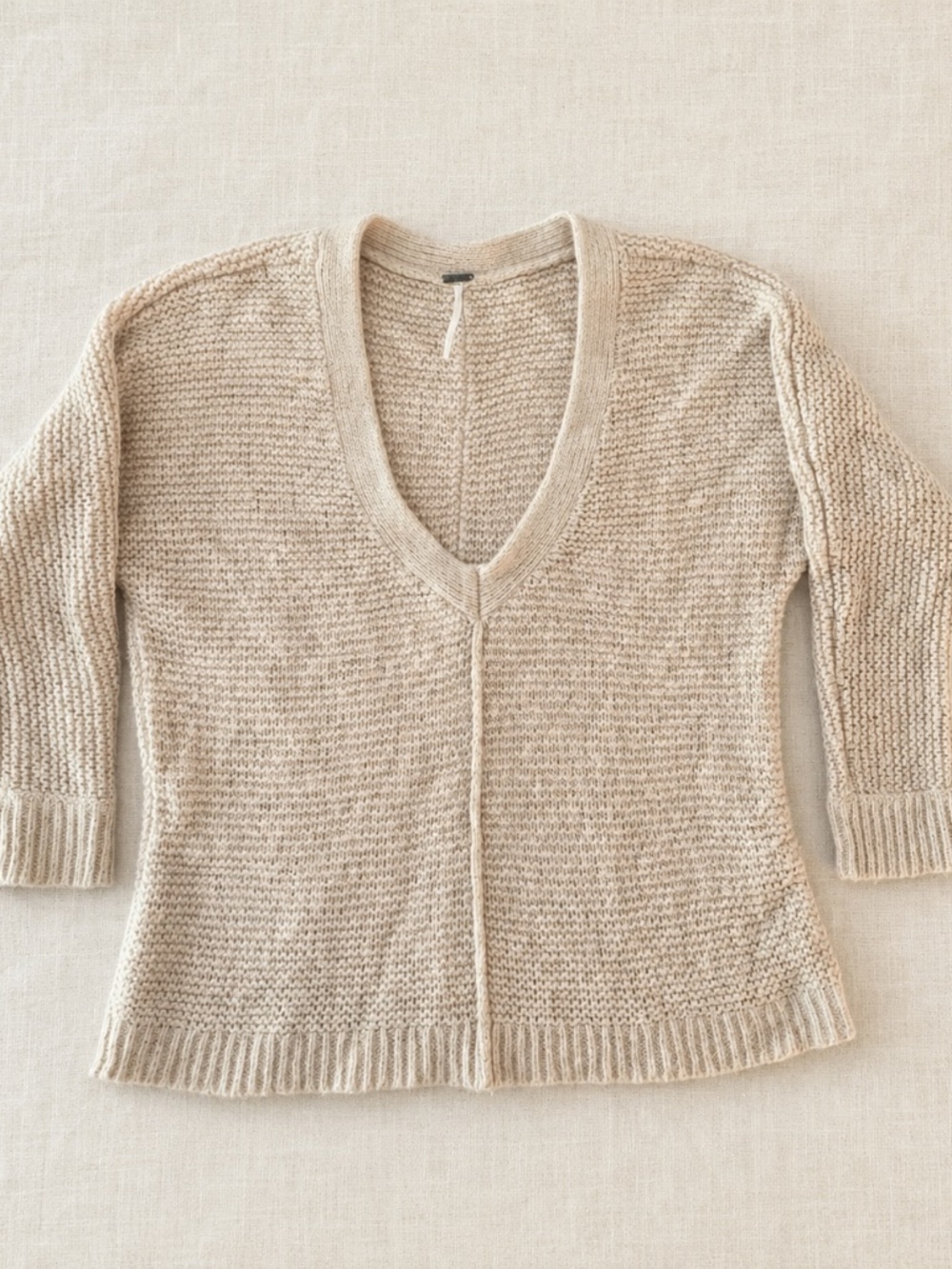 Free People Oatmeal Marled V-Neck Knit Sweater Small